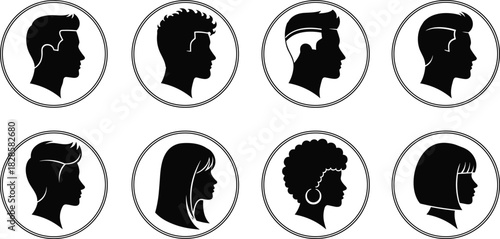 Profile silhouette icons set, diverse modern hairstyles, barber shop salon vector graphic, beauty avatar