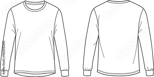 Long sleeve shirt technical sketch, front and back view, round neckline flat drawing, garment CAD fashion vector illustration