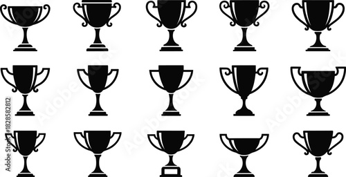 Set of Black Trophy Cup Silhouettes, Collection of Championship Awards, Victory Symbols, and Winner Icons for Competition and Success Vector
