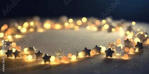Glittering star ornaments surround a string of glowing lights creating a festive, luminous circle