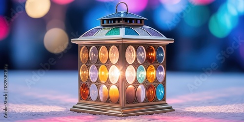Decorative lantern showcases vibrant gemstones shining brightly against a softly blurred bokeh background creates an inviting ambiance