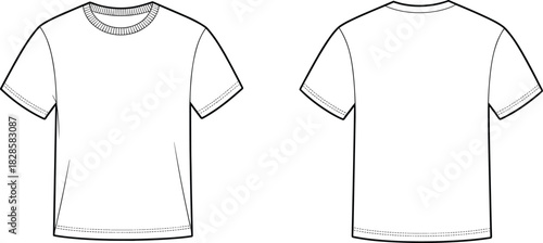 Plain white t-shirt, front and back view, round neck, short sleeve, fashion template, apparel mockup, clothing design, blank shirt