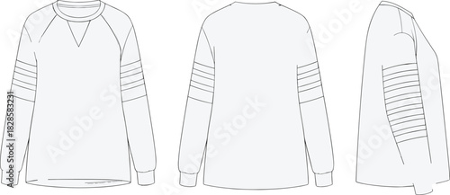 Raglan sleeve shirt technical sketch, front side back view, stripe detail flat drawing, garment CAD fashion vector illustration