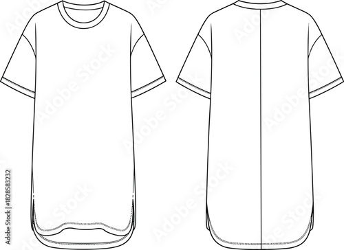 Relaxed fit T-shirt technical sketch, front and back view, curved hem flat drawing, garment CAD fashion vector illustration