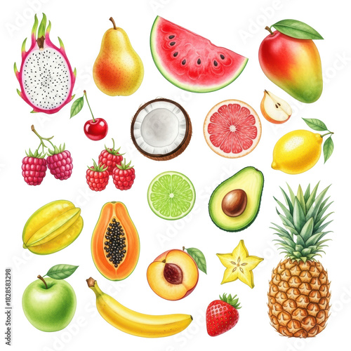 Diverse hand-painted watercolor fruits and leaves, loosely scattered on a transparent background, top-down view. Vibrant tropical abundance concept