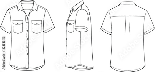 Short sleeve button-up shirt technical sketch, front side back view, chest pocket flat drawing, garment CAD vector illustration