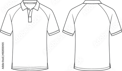 Short sleeve polo shirt technical sketch, front and back view, button placket flat drawing, garment CAD fashion vector illustration