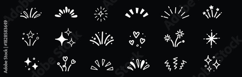 Line icon ray, confetti element set. Starburst line art with hand drawn glitter spark, pop icon shapes and surprise emphasis elements. Decorative sketch style for a sunshine ray vector illustration