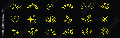 Line icon ray, confetti element set. Starburst line art with hand drawn glitter spark, pop icon shapes and surprise emphasis elements. Decorative sketch style for a sunshine ray vector illustration