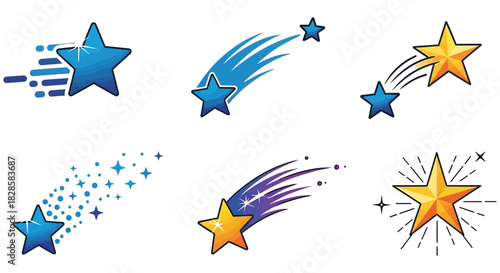 Collection of stylized star icons and shooting star designs on a black background for graphic design and creative projects perfectly sized