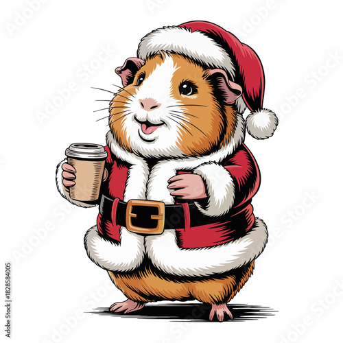 A charming guinea pig is dressed in a Santa Claus outfit, holding a small coffee cup. The cute animal exudes a festive and cheerful vibe.