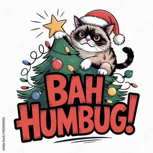A grumpy cat wearing a Santa hat sits on a Christmas tree with colorful lights and a star. The phrase 'Bah Humbug!' is boldly written below.
