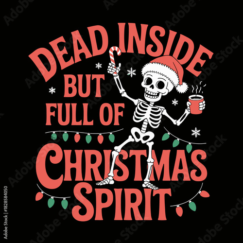 A skeleton wearing a Santa hat holds a candy cane in one hand and a mug in the other