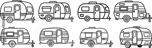 Set of Caravan Trailer Line Art Illustration, Coloring Book Page Line Art Drawing