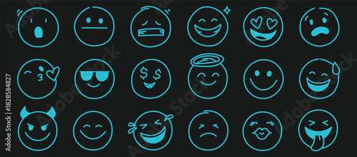 Doodle Emoji face icon set. Hand drawn sketch doodle style. Emoji with different emotion mood, happy, sad, smile face. Comic line emoticon character art. Vector illustration