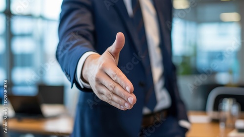 Businessman in suit offering handshake, welcoming to business partnership