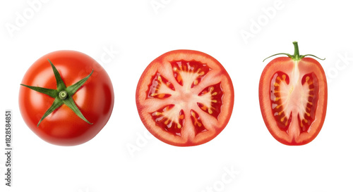 Vibrant red ripe tomatoes (whole, cross-section, half-cut) showing stems, seeds, and juicy pulp, on a transparent background with copy space, top-down view, healthy food and freshness concept