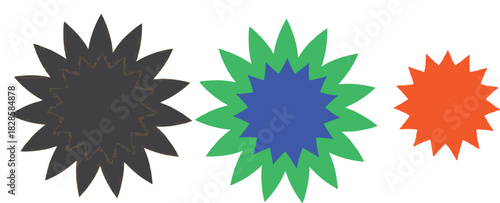 Abstract starburst shapes, layered polygon design, colorful jagged edges, geometric flower pattern, modern symmetry art, vibrant vector illustration, digital motif