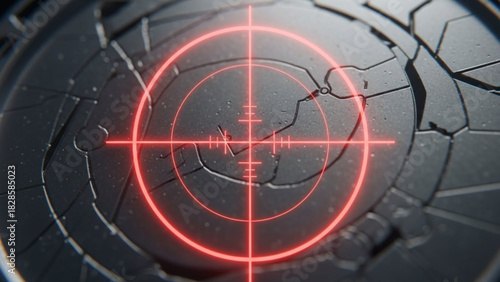 Close up of a cracked metallic surface with a red laser target centered on the broken area of the surface