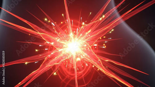 Radiating red light bursts from a central point with surrounding dark space and soft body outline