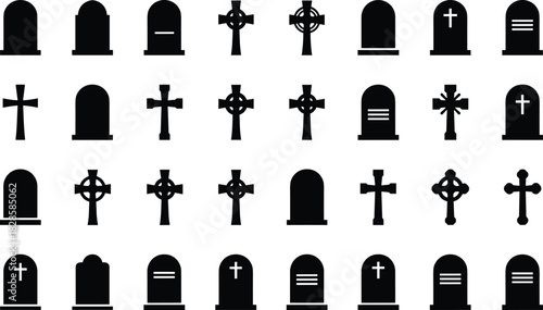 Gravestone silhouette icon set, cemetery cross vector, memorial tombstone shapes, funeral symbols, death icons, religious grave markers, cad drawing flat vector illustration