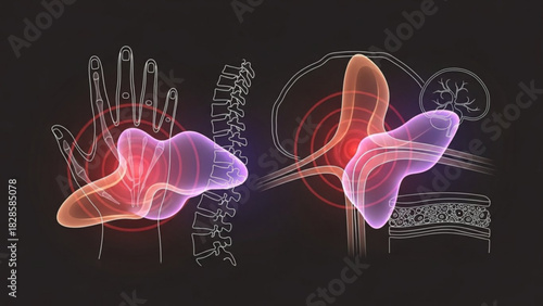 Illustration showing human hand bones spine and brain with highlighted pain areas on a dark background