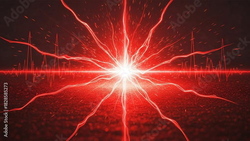 Red energy burst with radiating lines and a central bright light source in a dark environment