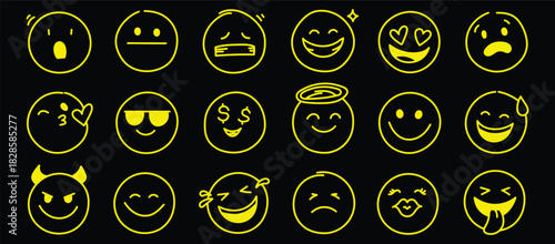 Doodle Emoji face icon set. Hand drawn sketch doodle style. Emoji with different emotion mood, happy, sad, smile face. Comic line emoticon character art. Vector illustration