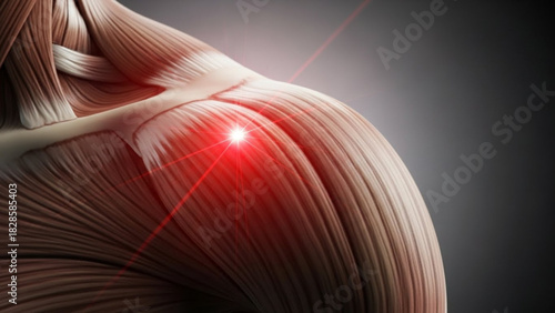 Close up view of human shoulder muscles with red laser light for medical treatment shown clearly here
