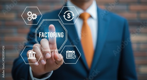 Businessman touching factoring button on virtual screen, business concept