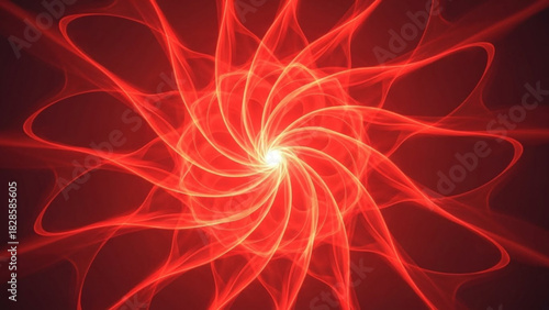 A vibrant red fractal design with a central white glow radiating outwards in a spiral pattern effect