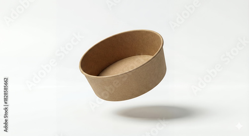 Floating kraft paper bowl isolated on white background, eco friendly disposable food container