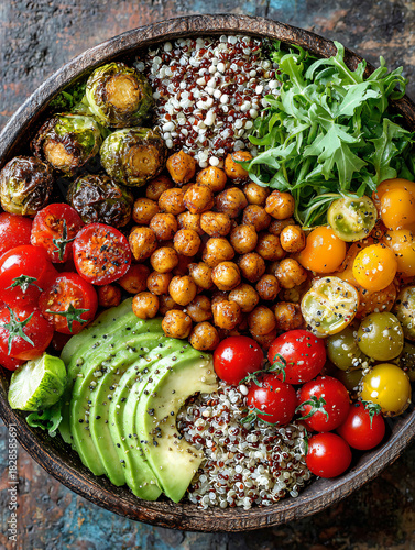 Tasty fresh plant-based meal bowl with avocado quinoa and vegetables. Top View. 