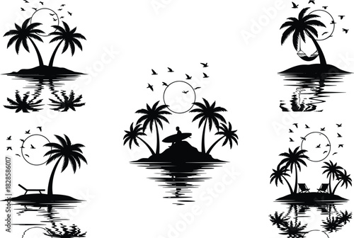 Set of tropical island silhouettes with palm trees, sun, birds, and water reflections, perfect for vacation, travel, beach, and summer design vectors.