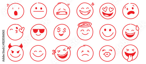 Doodle Emoji face icon set. Hand drawn sketch doodle style. Emoji with different emotion mood, happy, sad, smile face. Comic line emoticon character art. Vector illustration
