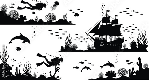Underwater silhouette set featuring scuba divers, dolphins, coral reefs, and a sunken pirate ship, illustrating ocean adventure and marine life vectors.