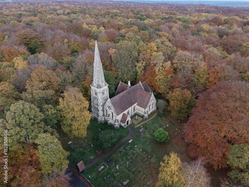 High Beach Church Epping forest UK in autumn vibrate trees colours  drone,aerial