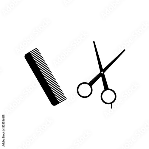 Minimalist scissors and comb icon isolated on white background, perfect for barber shops, hair styling, beauty salons, grooming tools, and professional haircare designs.