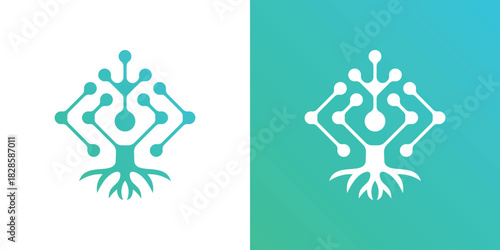 A dual-meaning logo combining a tree silhouette with digital connection nodes, symbolizing sustainable growth, technology integration, and modern eco-innovation