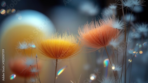 Dandelion seed heads glow with otherworldly color and refracted light create a magical composition