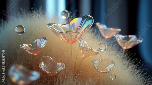 Luminous clear flowerlike shapes float above soft wheatcolored grass in a surrealistic, dreamy scene