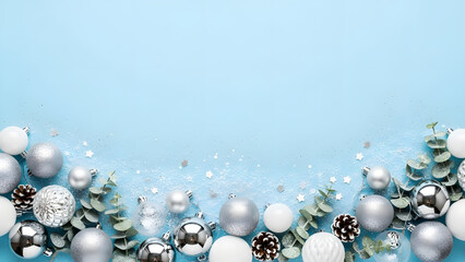 Elegant Christmas holiday background with silver ornaments and eucalyptus