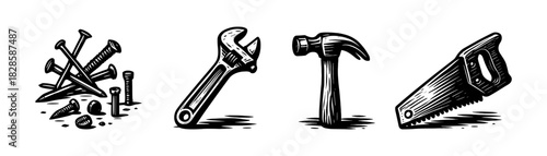 Hand tools and fasteners vintage engraving icons set, nails wrench hammer saw