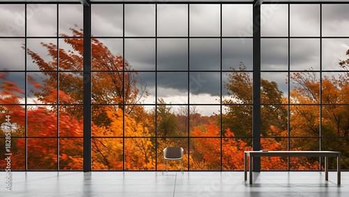 Modern office interior with stunning autumn foliage view through large window  zoom background