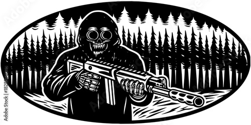 The Skull Soldier: A menacing figure in a red hood and a skull mask, armed with a futuristic shotgun, stands amidst a dense forest, ready for action. The eerie glow in the eyes, combined with the.