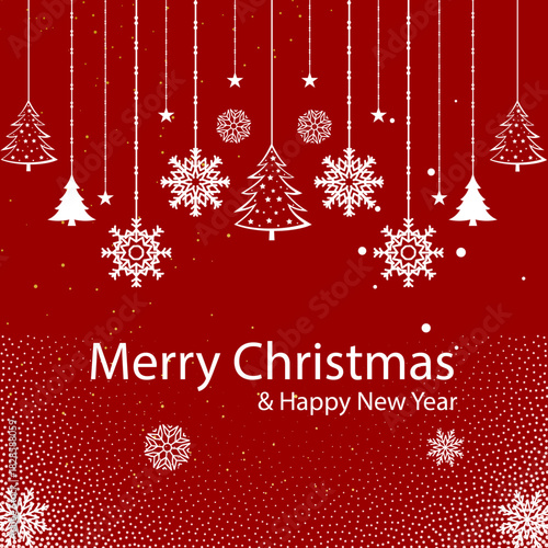 Merry Christmas and Happy New Year Greeting Card with White Snowflakes and Hanging Tree Ornaments – Red Festive Background