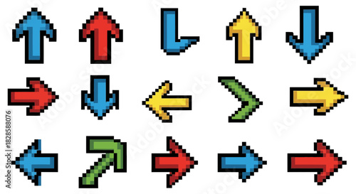 Collection of pixel art arrows pointing in various directions on a black background for games and graphic design projects and user interfaces
