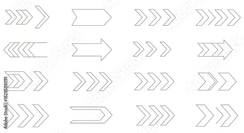 Collection of sixteen unique arrow designs pointing right on a black background for graphic design and wayfinding applications perfectly