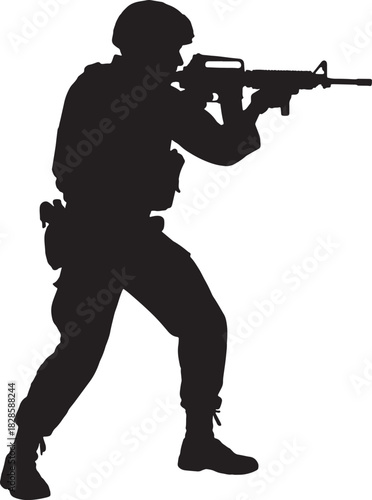 armed soldier silhouette standing in tactical pose holding equipment