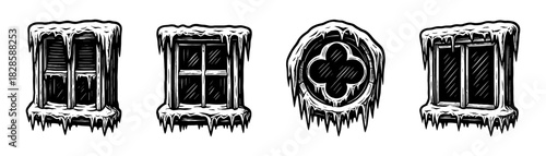 Icy windows vintage engraving icons set, frozen house facade details